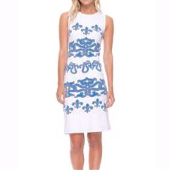 J. McLaughlin Dresses & Skirts - J. McLaughlin Sophia Dress Byzantium Fleur De Lis Size Medium White Blue